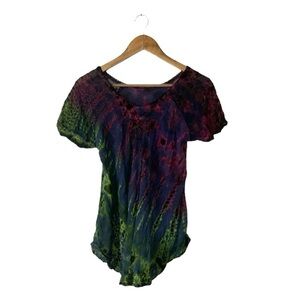 Y2K Boho Tie-Dye Blouse Top Short Sleeve Flowy Purple Green Whimsical Medium Art